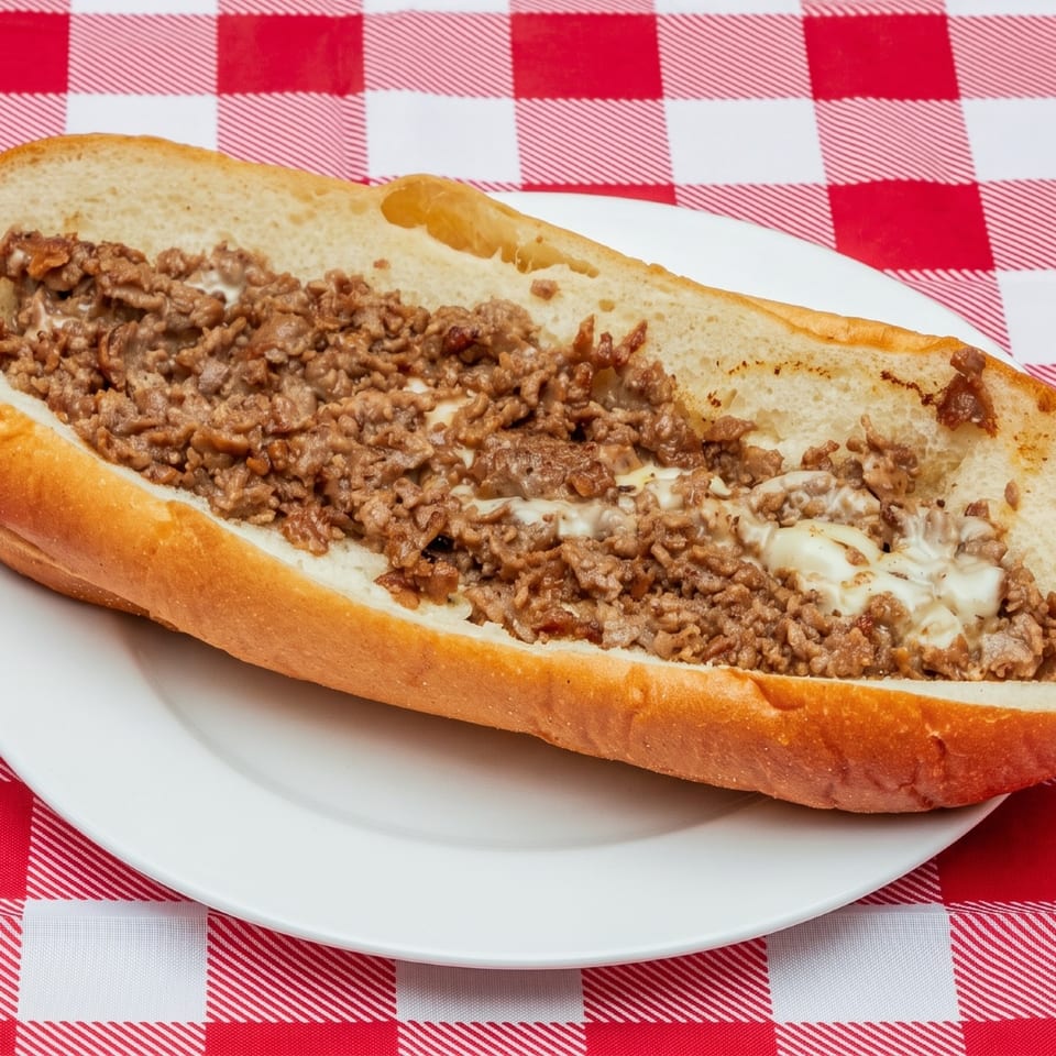 A cheesesteak with chopped steak and melted cheese on a fresh roll on a white plate over a red and white checkered tablecloth.