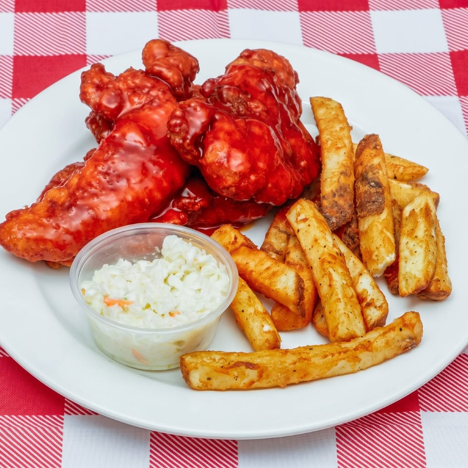 Buffalo chicken tenders with seasoned fries and a side of coleslaw on a white plate over a red and white checkered tablecloth.