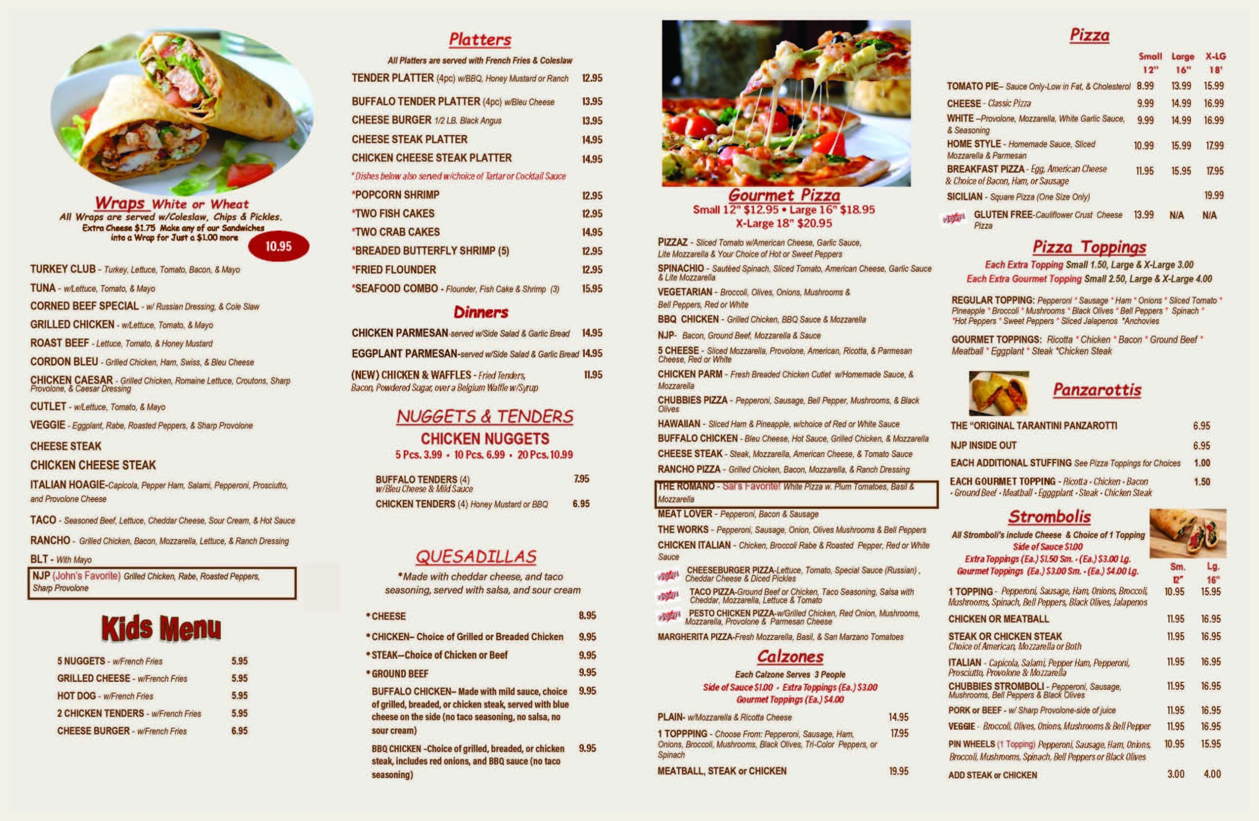 A menu for a restaurant with a lot of food on it.